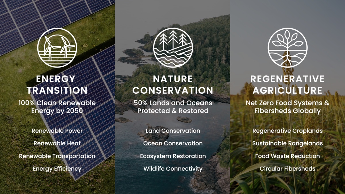 One Earth's three pillars of collective action to solve the climate crisis.