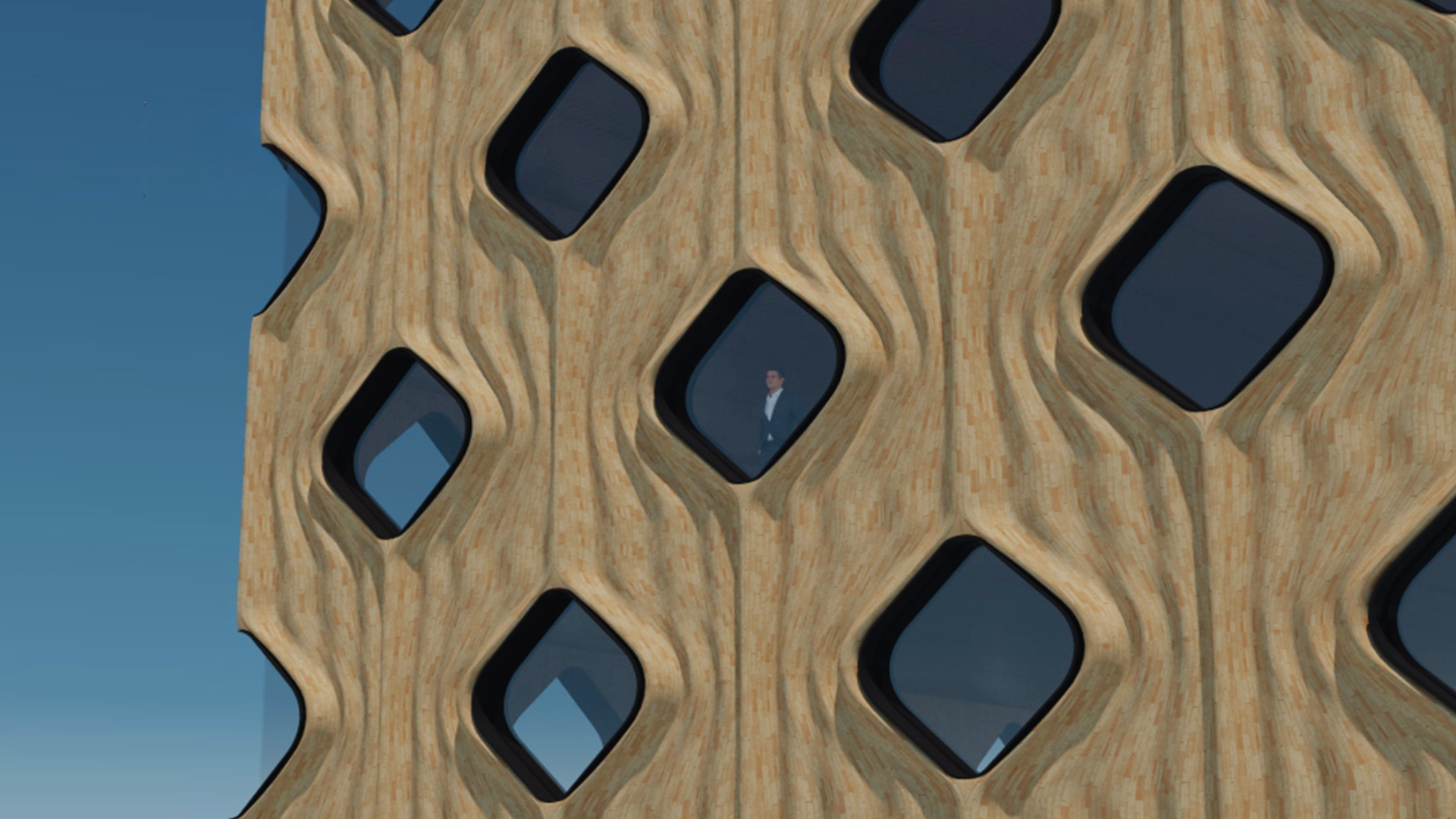 A conceptual model demonstrates how Woodflow® could transform exterior architecture, using bio-based materials to reimagine strength, flexibility, and form. Image Credit: Strong by Form.