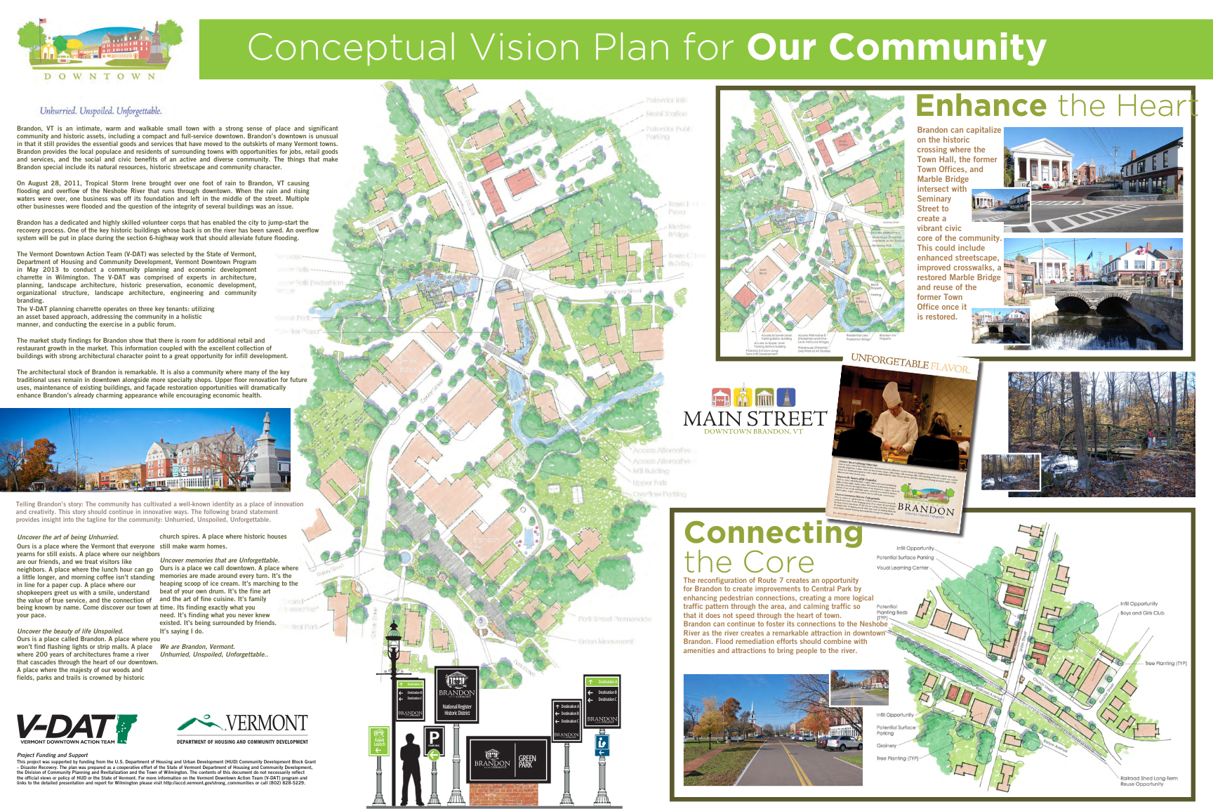 Brandon’s illustrative poster highlights the V-DAT recommendation for downtown, displaying the community brand, the streetscape recommendations and wayfinding signage